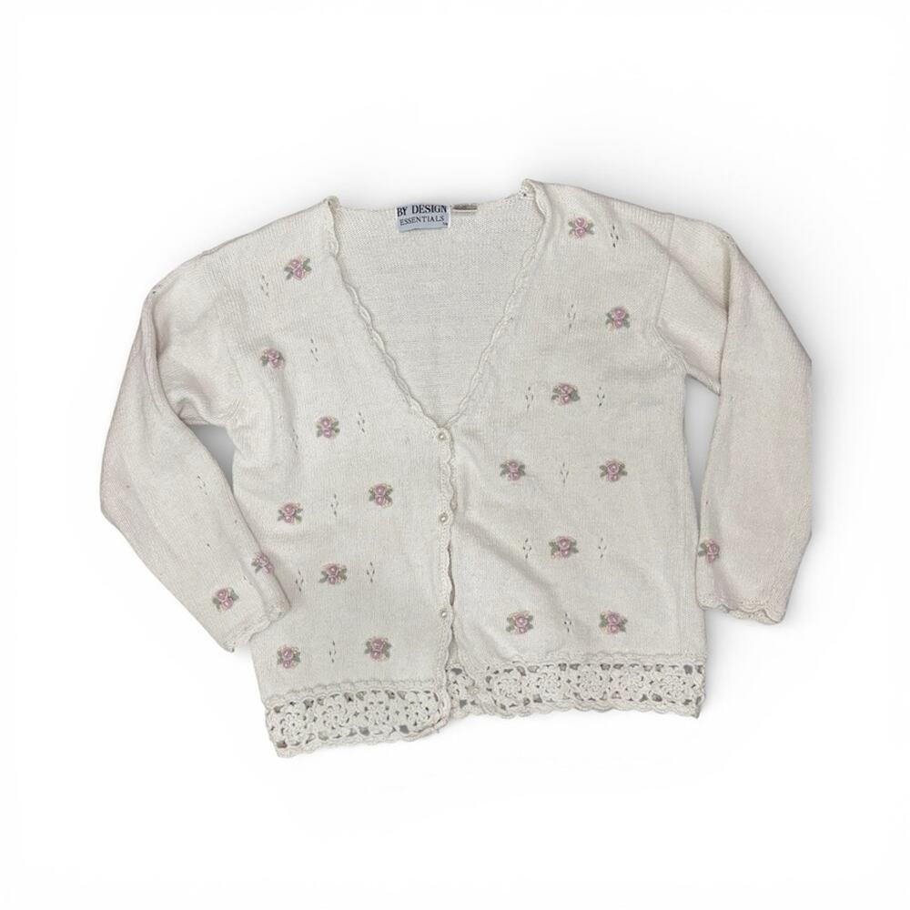 Vintage Knit Cardigan Cream Roses Embroidered Grannycore Girly Cottoon M